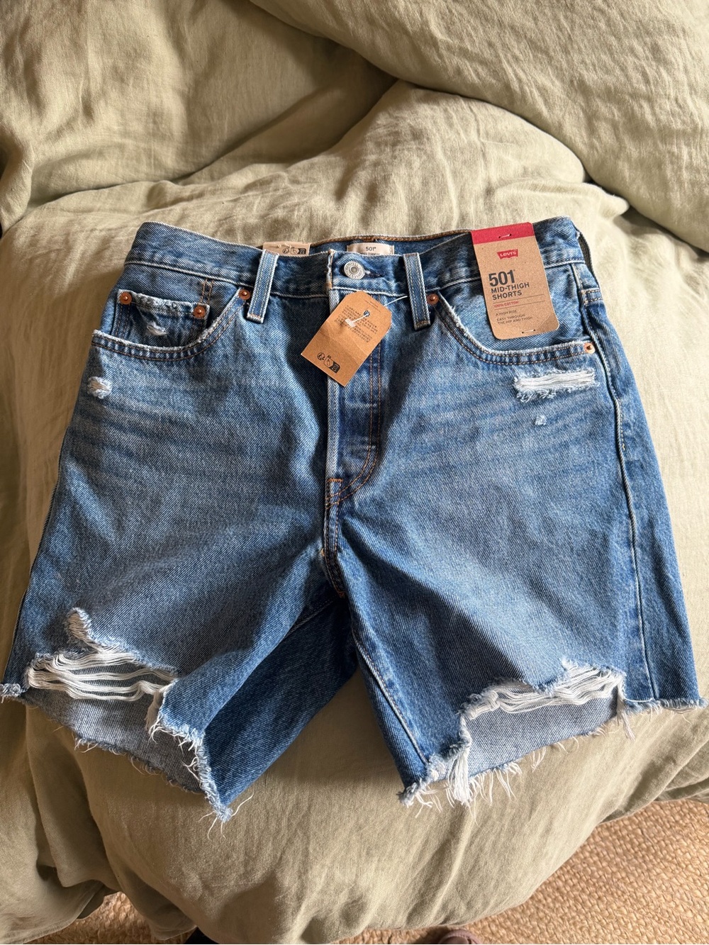 Levi's 501 High Rise mid thigh Distressed Blue Jean Shorts